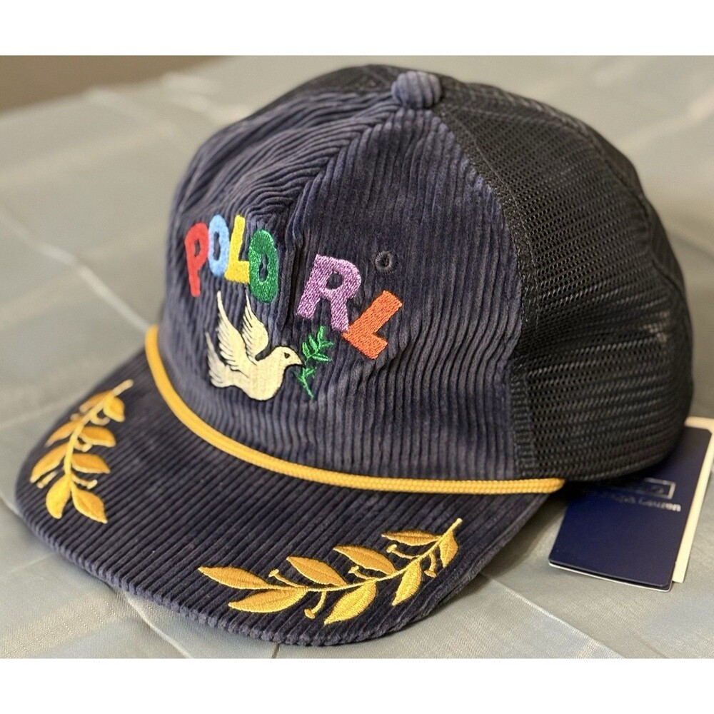 NWT Polo Ralph Lauren Navy Corduroy Peace Love Dove Trucker Hat Cap New